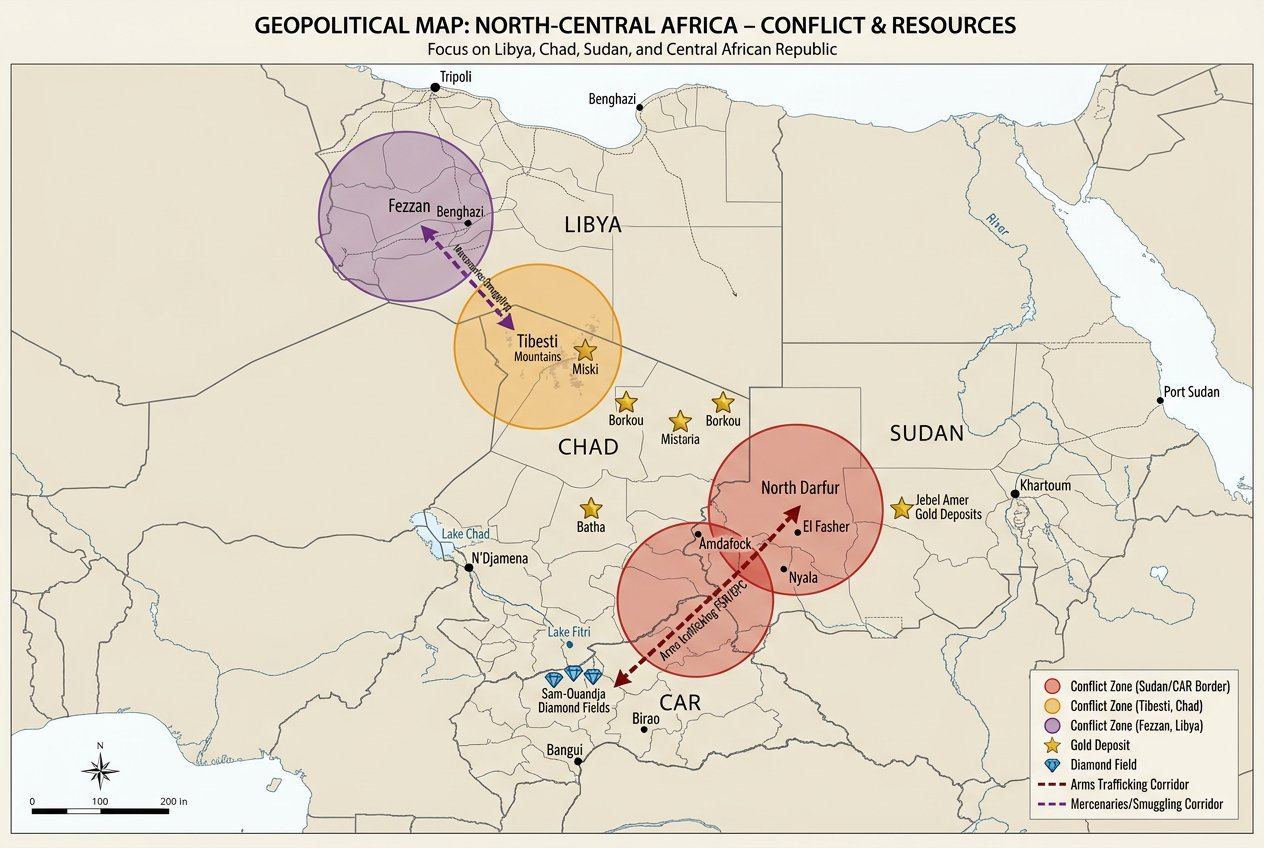 Geopolitical map: North-Central Africa — conflict and resources (Libya, Chad, Sudan, CAR)